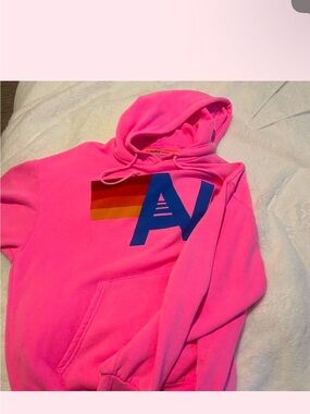 Aviator Nation Hot Pink Hoodie with Blue Logo and Orange Stripe